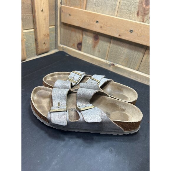Birkenstock Arizona Womens Leather Sandals EU38 US7 Silver Metallic Double Strap - Picture 6 of 8